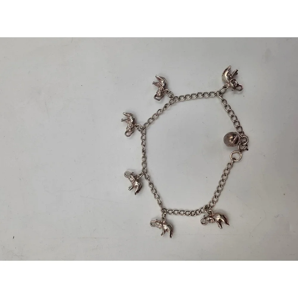 925 Sterling Silver Elephant Charm Bracelet with Bell Good Luck Jewelry 11.42g